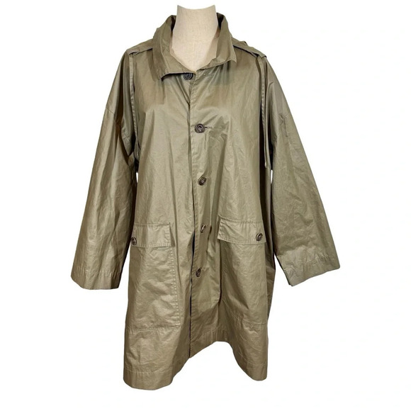Eskandar Jackets & Blazers - Eskandar Swing Coat Waxed Rain Jacket Detachable Hood Olive Green Sz:1/Small